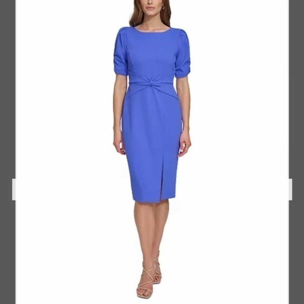 NEW DKNY Women's Twisted Waistband Puff-Sleeve Sheath Elegant Blue Dress Size 4